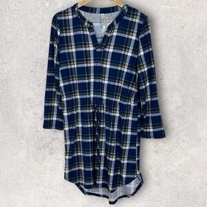 Bobbie Brooks Blue Plaid Tie Waist V-Neck Dress Size Large High Low Flannel Boho
